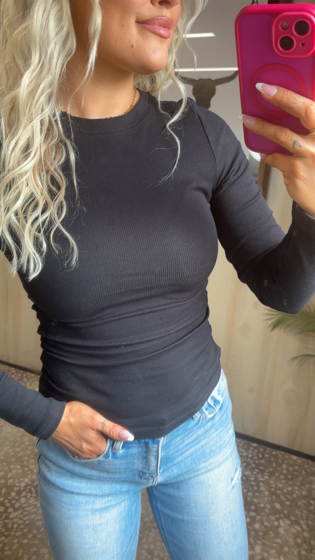 Ribbed Long Sleeve Round Neck Top Shirt