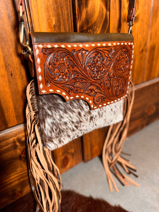 Georgia Cowhide Tooled Leather Fringe Crossbody Purse