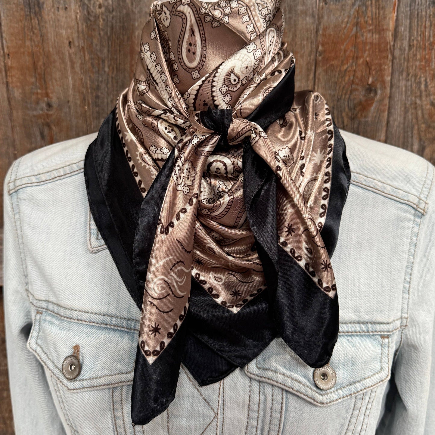 35X35"  Black and Tan Floral Paisley Wild Rag