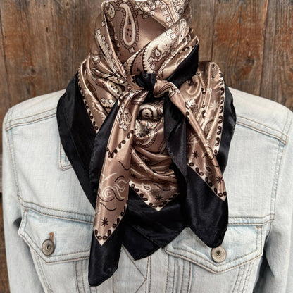 35X35"  Black and Tan Floral Paisley Wild Rag