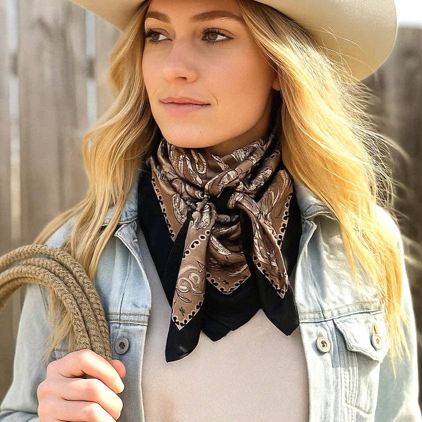 35X35"  Black and Tan Floral Paisley Wild Rag