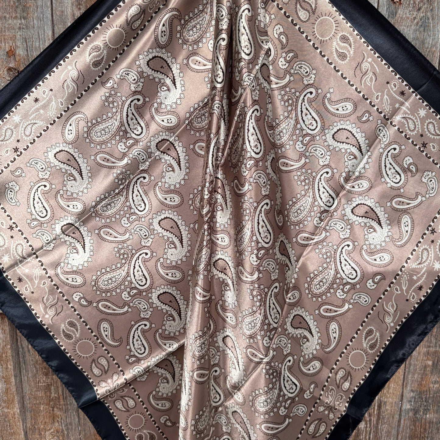 35X35"  Black and Tan Floral Paisley Wild Rag