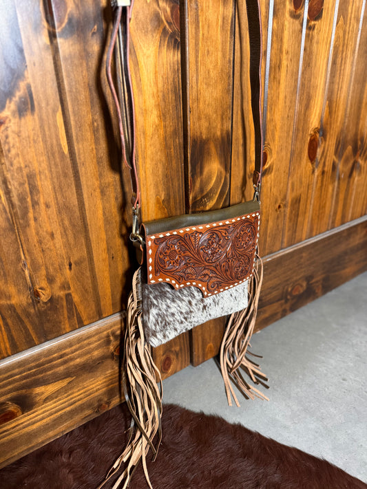 Georgia Cowhide Tooled Leather Fringe Crossbody Purse